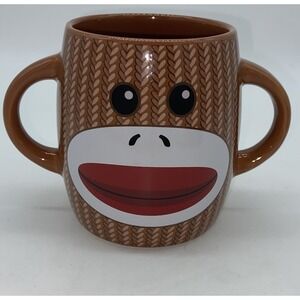 Galerie Sock Monkey‎ Coffee Tea Cup Mug Double Handle Brown Ceramic 10 oz EUC